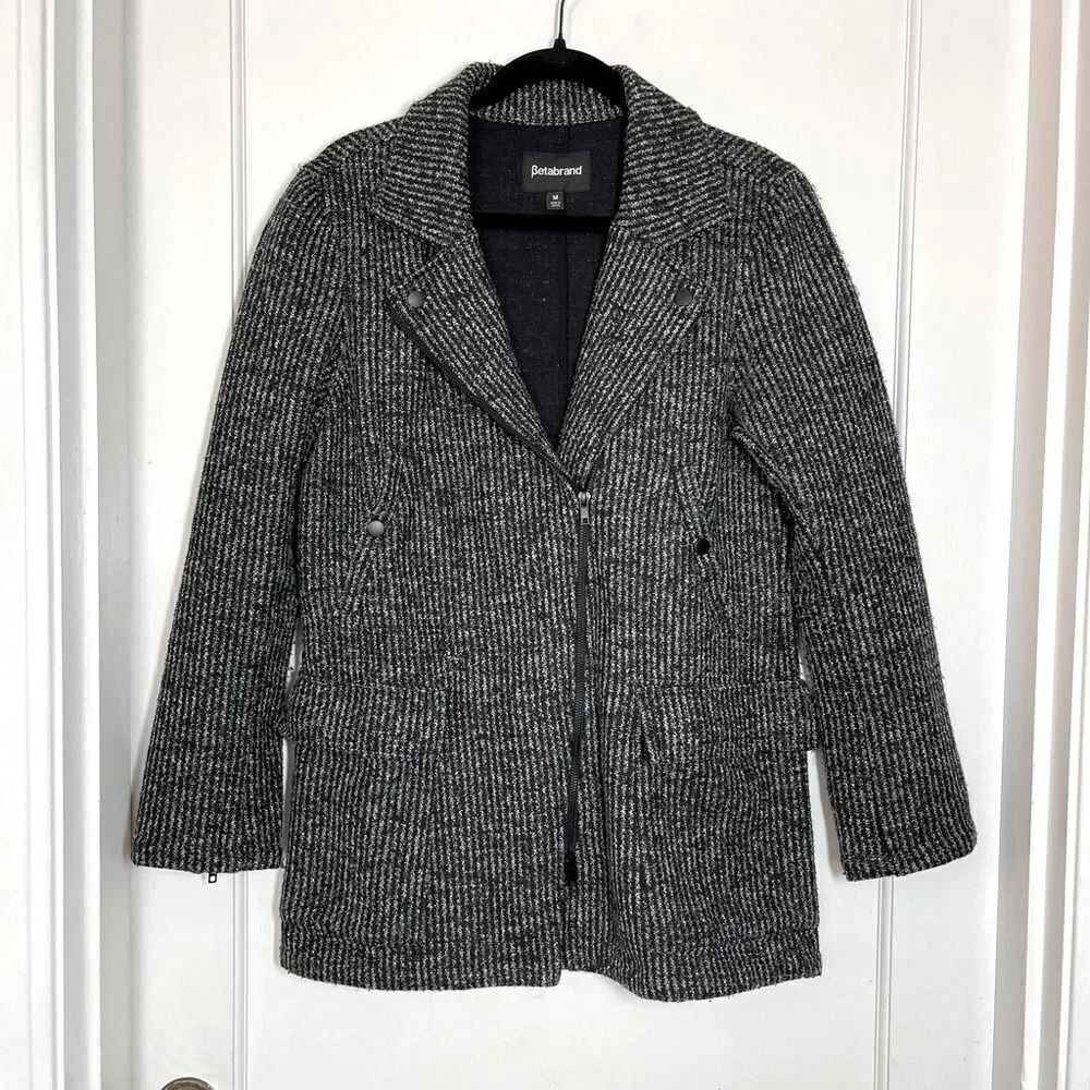 Betabrand Tweed Moto Zip Jacket Coat Stripe Black Gray Wool Blend Women’s Size M